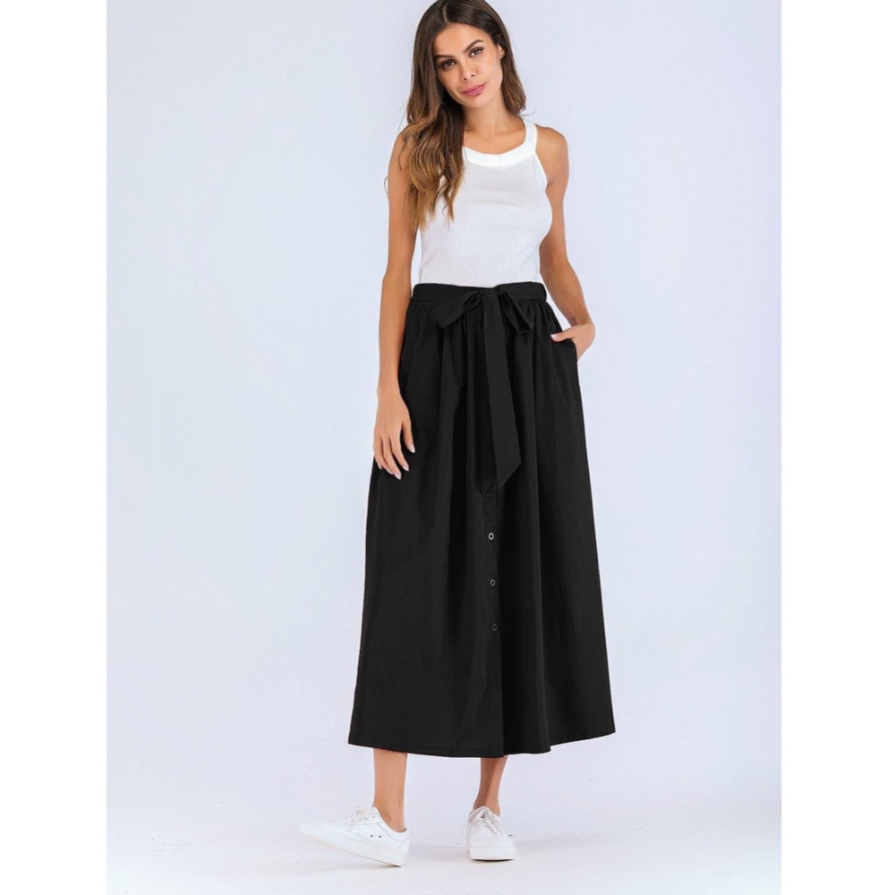 Belted Buttoned Through Long Black Skirt - Picture 2 of 5